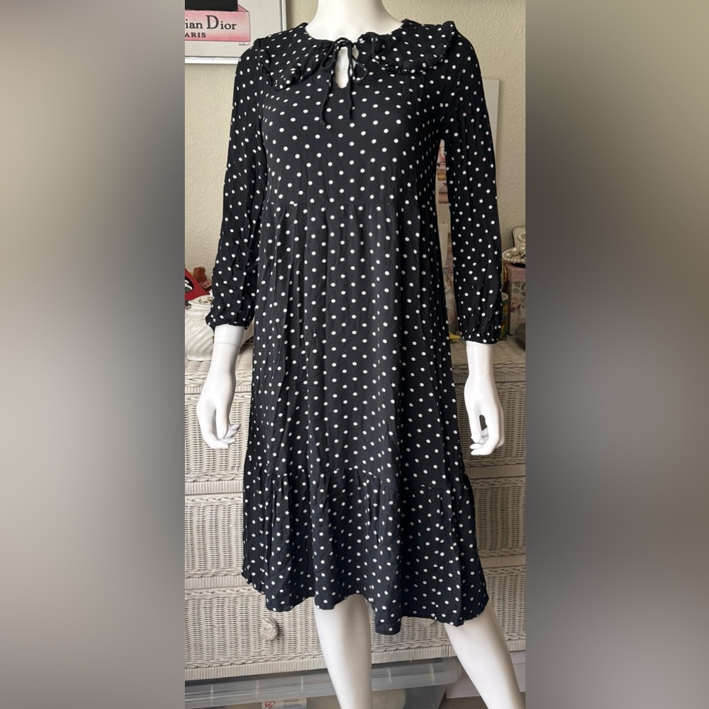 M&S Collection Midi Dress Ruffled Collar with White Polka Dots Black Base Size 4